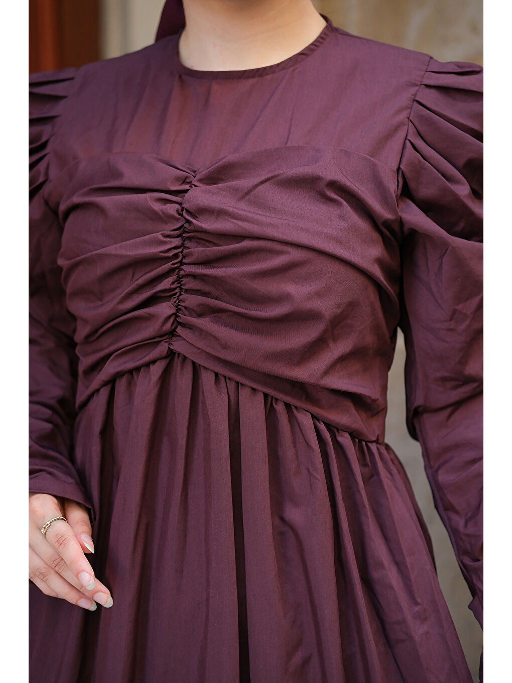 Kadın Büzgülü Poplin Elbise Bordo-4