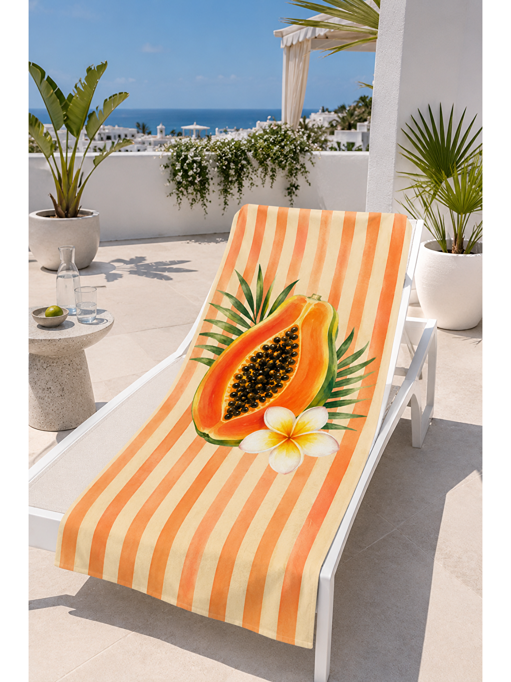 Turuncu Papaya Ve Tropik Çiçek Desenli 70x150 Plaj Havlusu-2