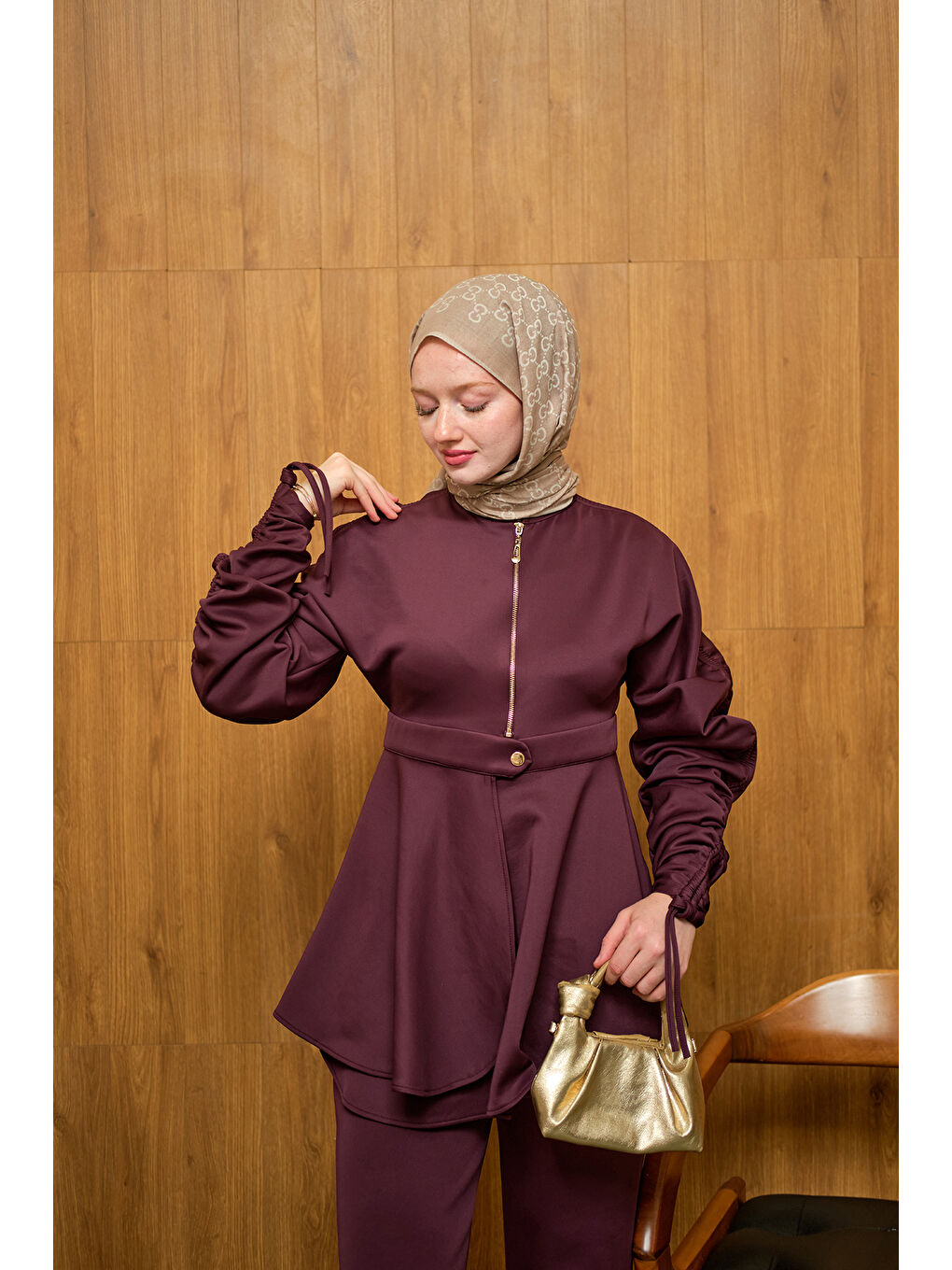 Kadın Kol Tünelli Beli Kemerli Takım Mürdüm-1