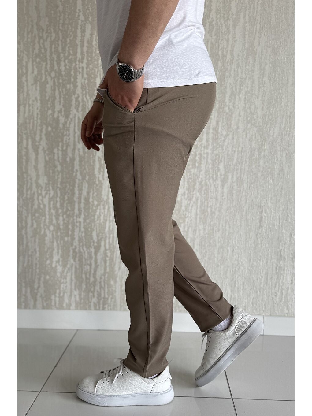 Bej Duble Paça Bel Bağlamalı Kumaş Erkek Pantolon-1