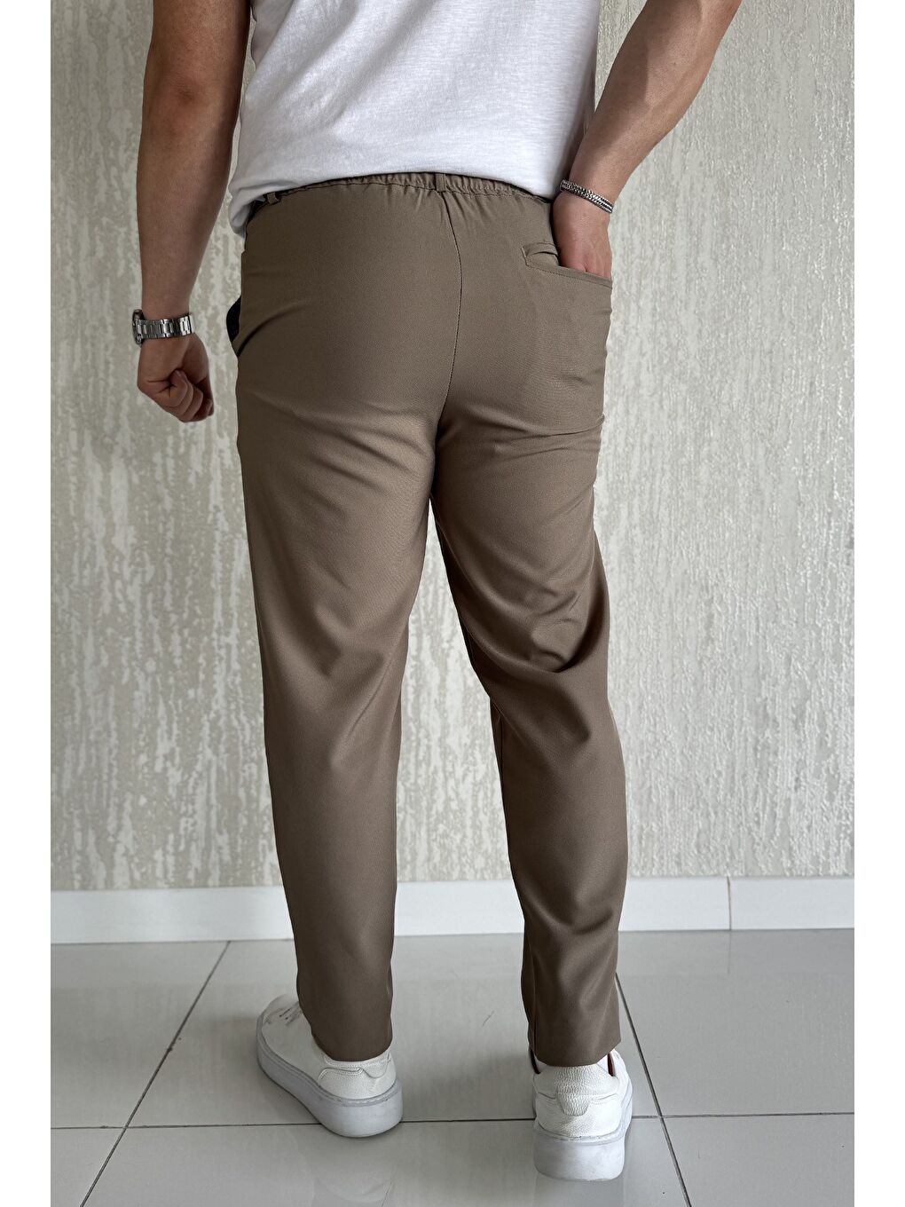 Bej Duble Paça Bel Bağlamalı Kumaş Erkek Pantolon-2