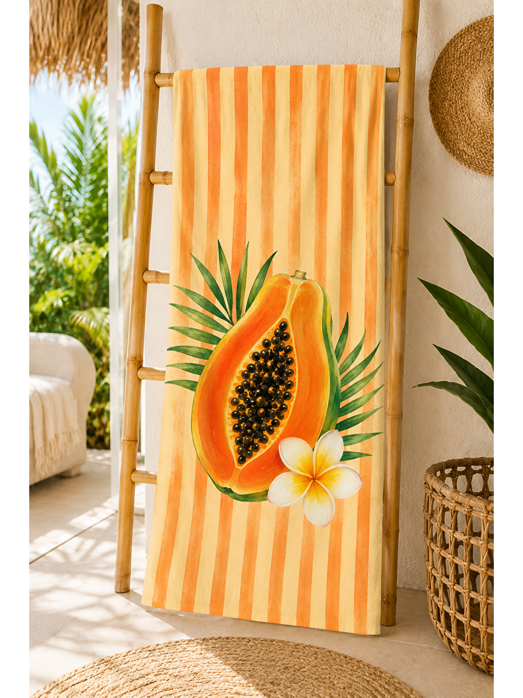 Turuncu Papaya Ve Tropik Çiçek Desenli 70x150 Plaj Havlusu-3