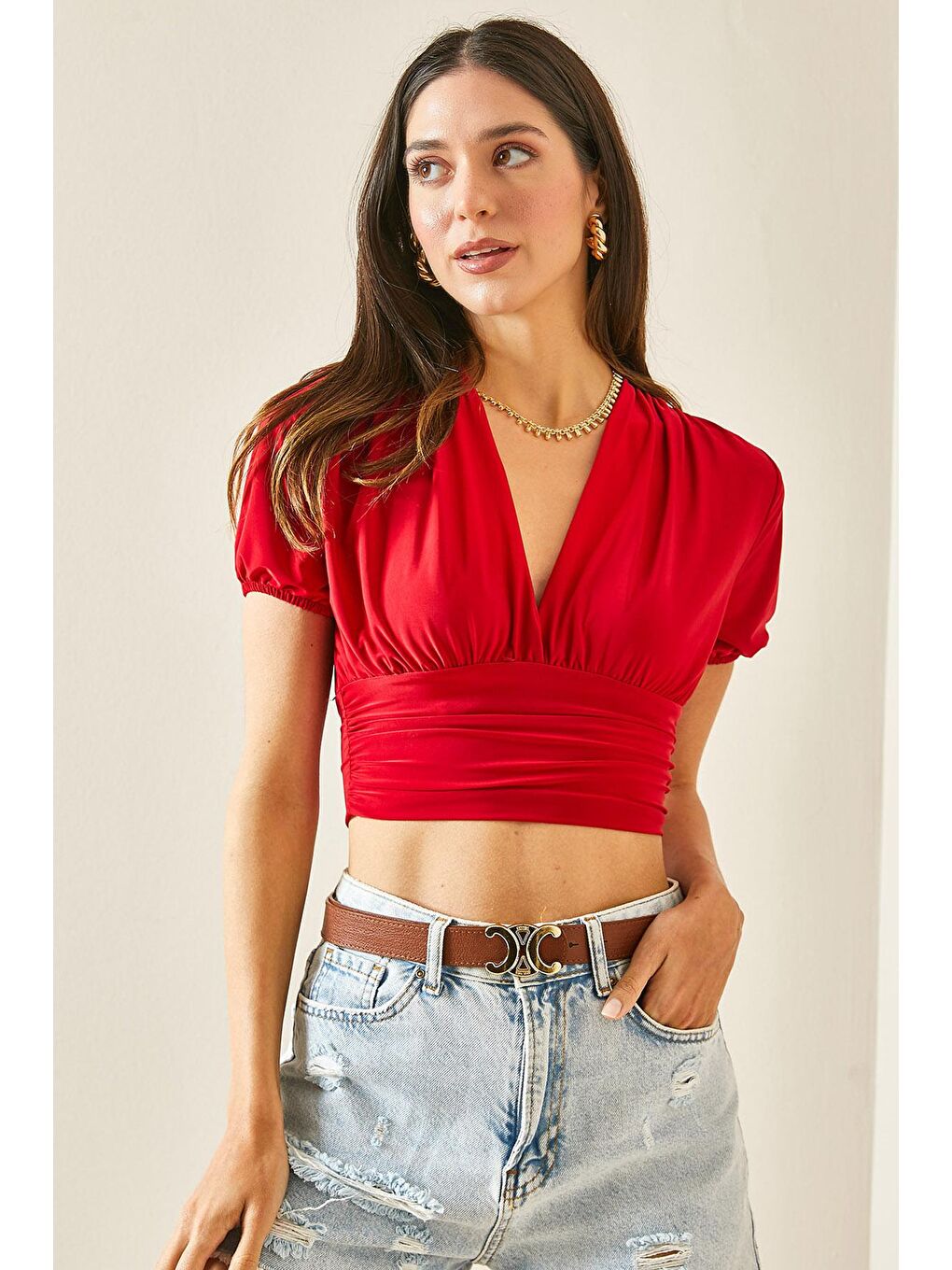 Kırmızı Kruvaze Yaka Dökümlü Crop Bluz 5YXK2-48472-04