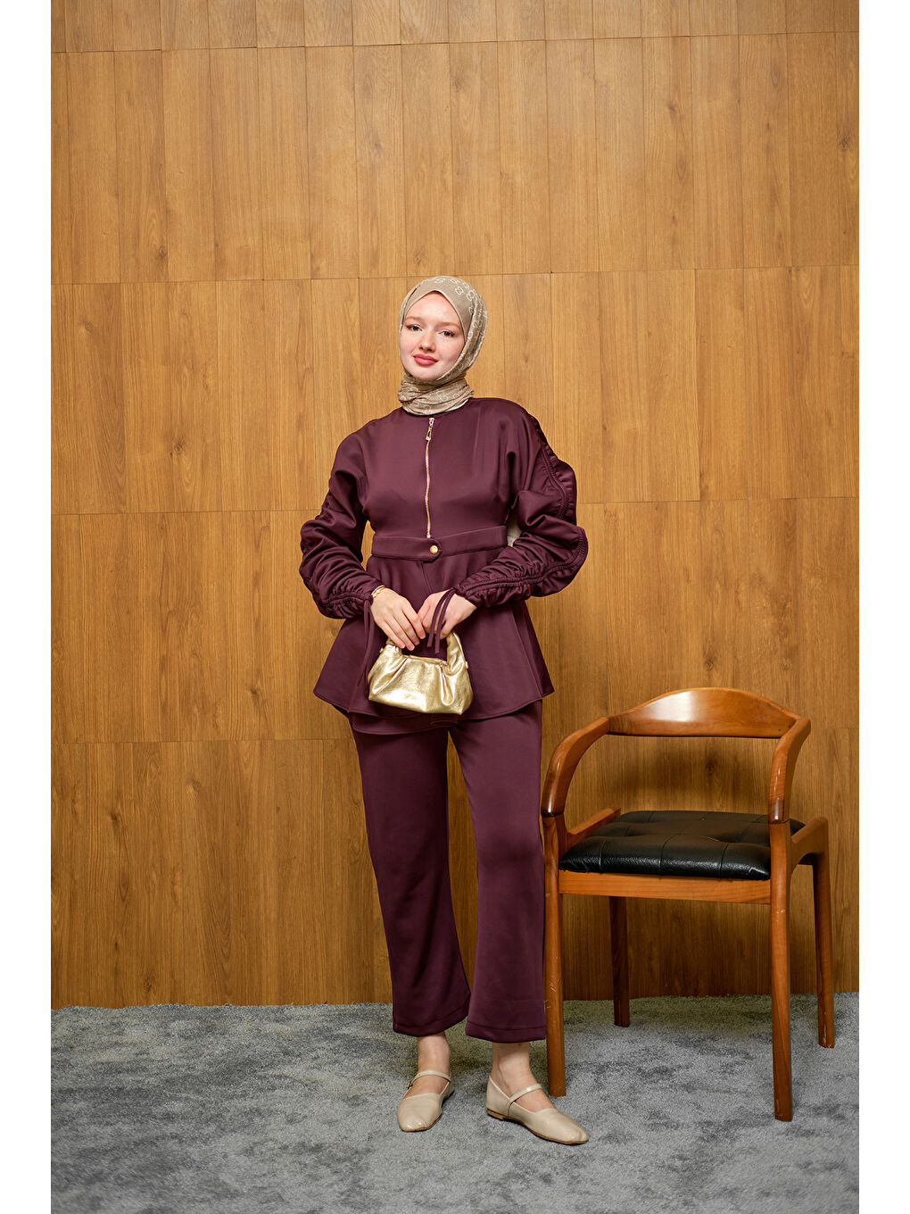 Kadın Kol Tünelli Beli Kemerli Takım Mürdüm-2