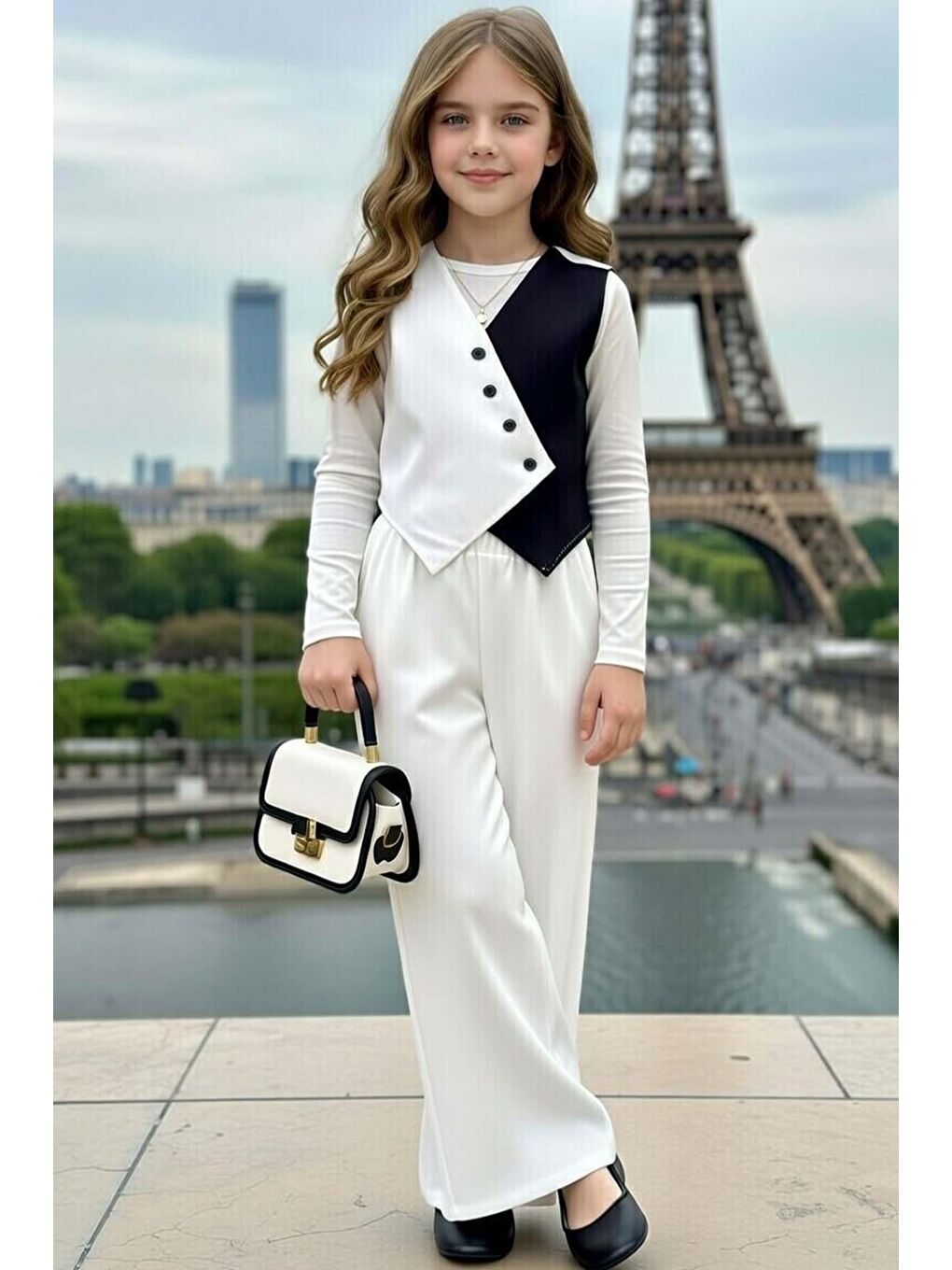 Kız Çocuk Fitilli Badili Asimetrik Kesim Yelek Palazzo Beyaz Alt Üst Takım-2