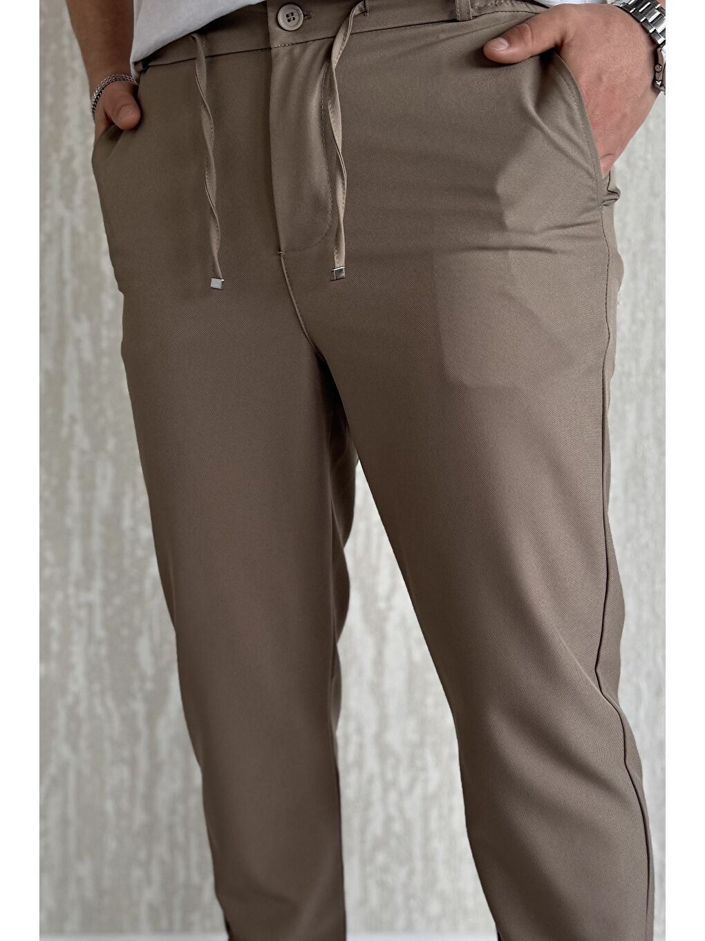 Bej Duble Paça Bel Bağlamalı Kumaş Erkek Pantolon-3