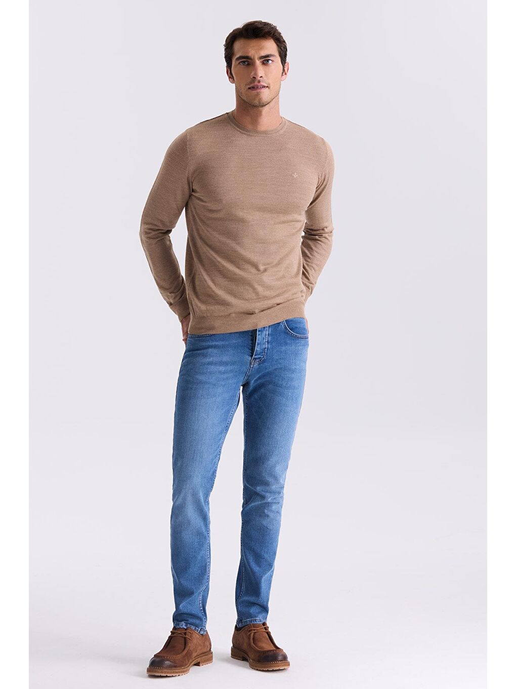 Kahverengi Camel Regular Fit Bisiklet Yaka Triko Kazak-1