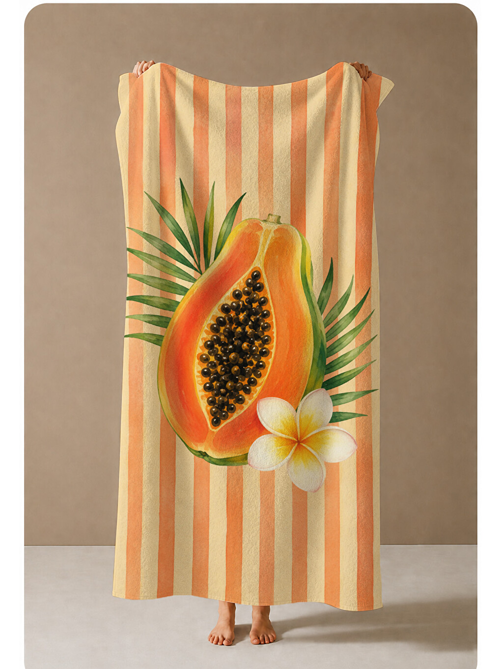 Turuncu Papaya Ve Tropik Çiçek Desenli 70x150 Plaj Havlusu-4