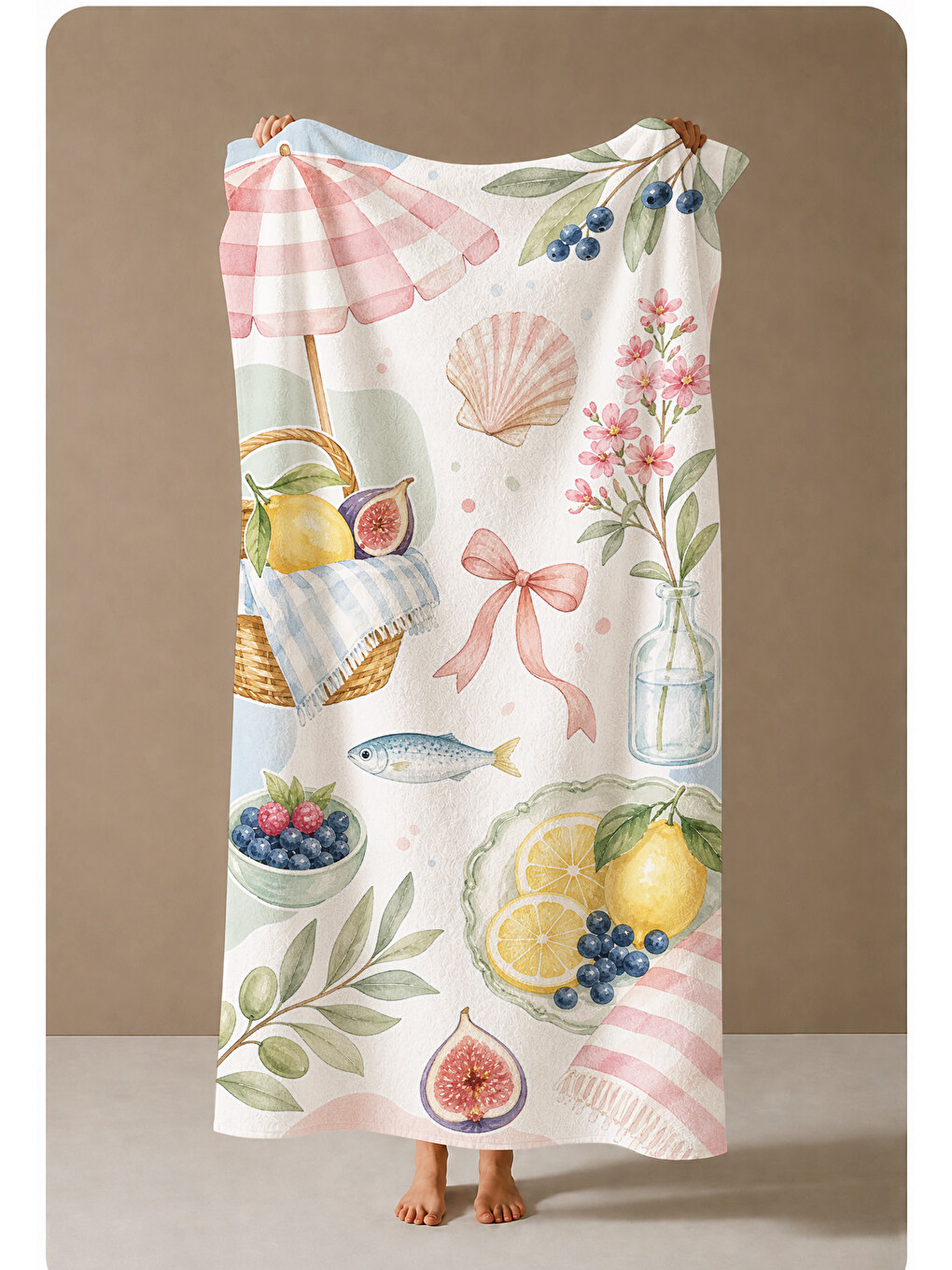 Sarı Limon Deniz Kabukları Ve Çiçek Desenli 70x150 Plaj Havlusu