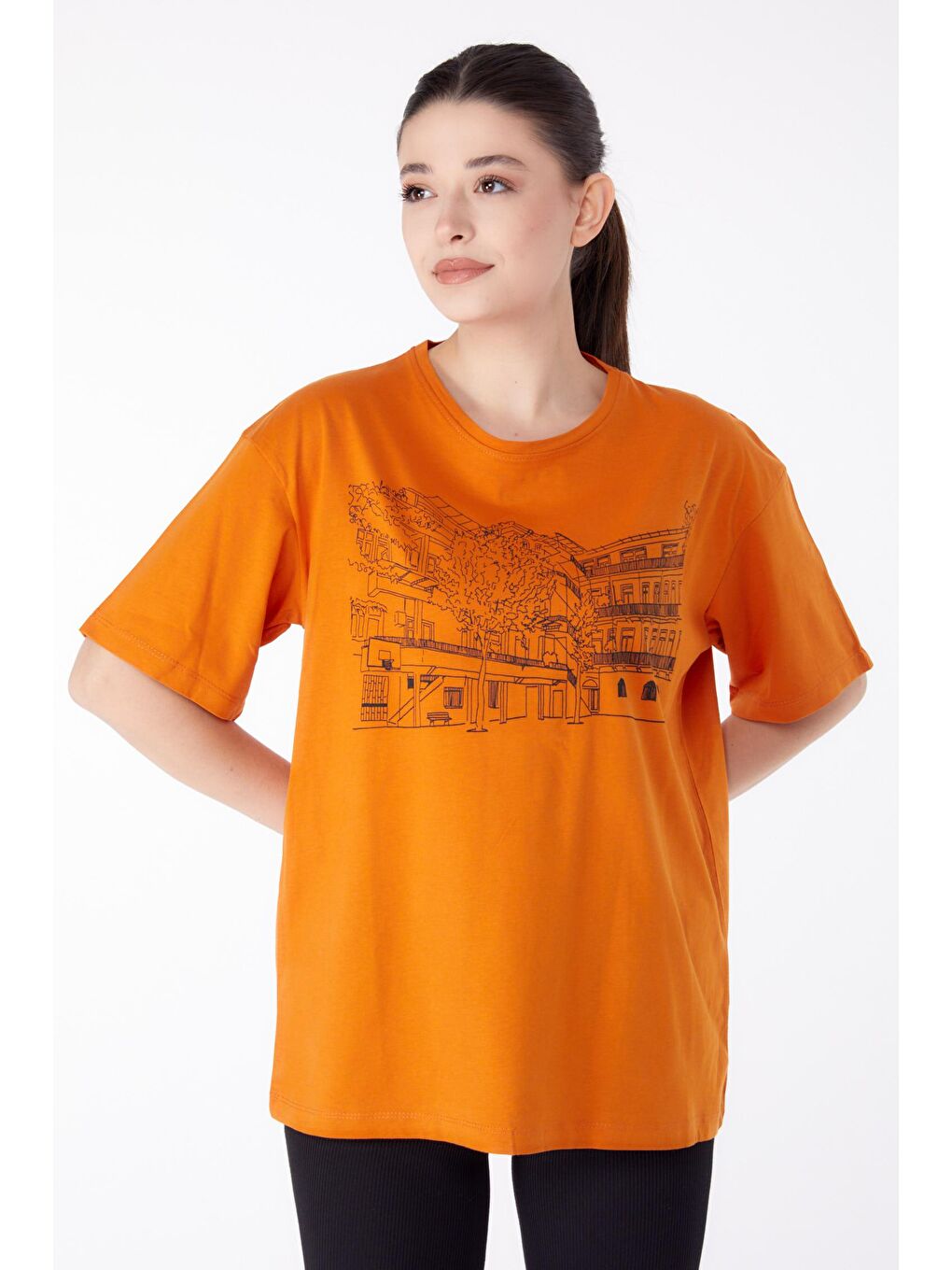 TOFİSA Turuncu Düz Bisiklet Yaka Kadın Turuncu Baskılı Kısa Kollu T-Shirt  - 25389 - 1