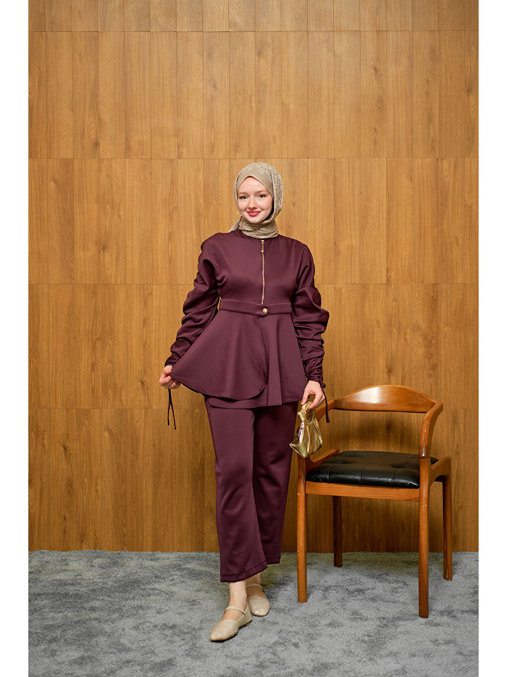 Kadın Kol Tünelli Beli Kemerli Takım Mürdüm-3