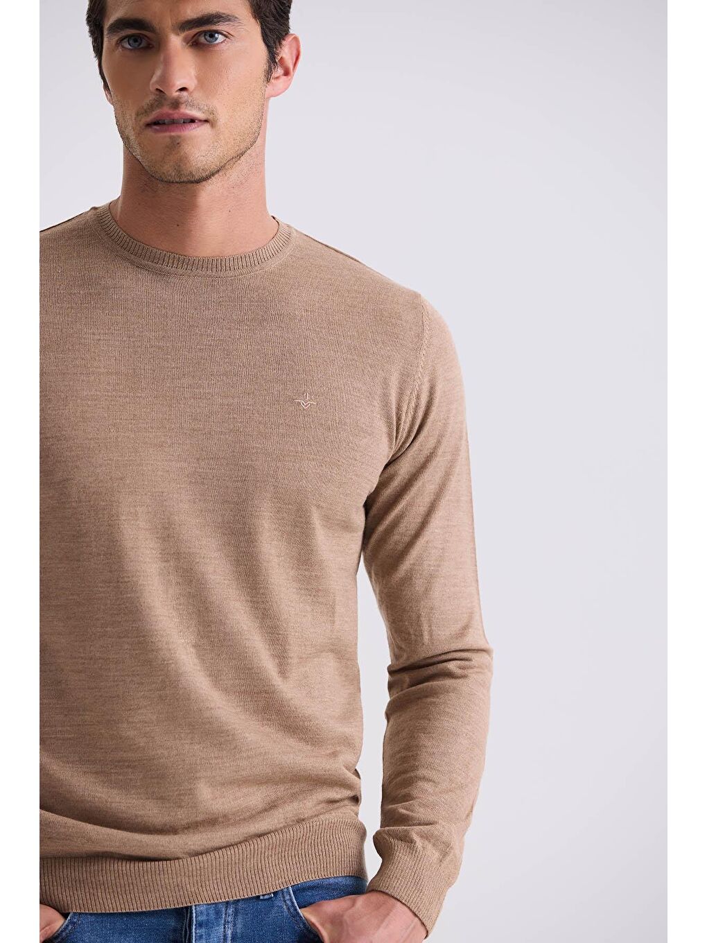 Kahverengi Camel Regular Fit Bisiklet Yaka Triko Kazak-2