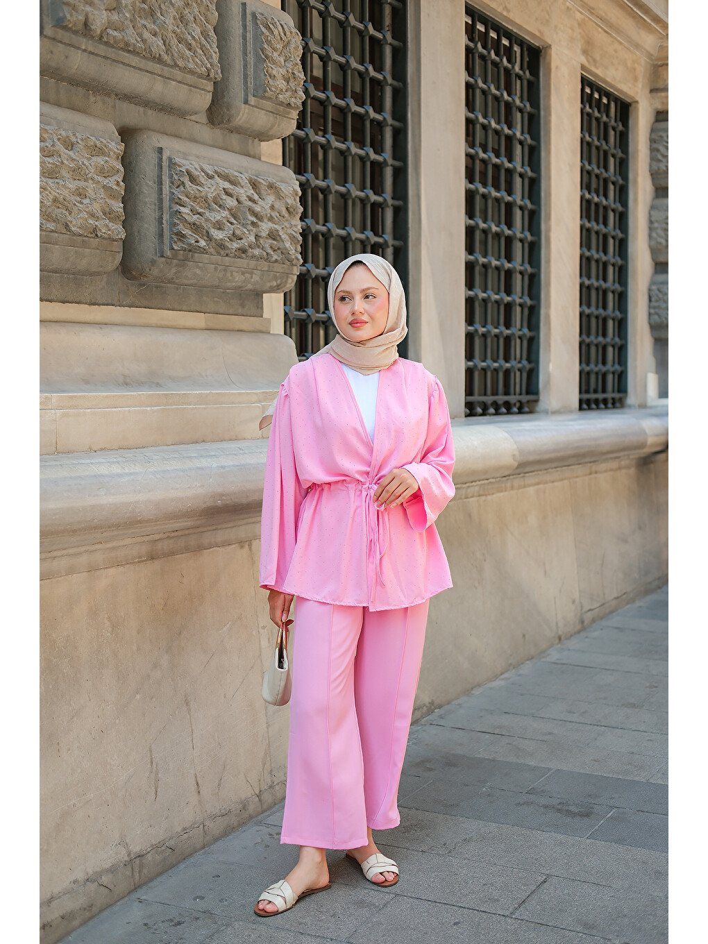Kadın Ön Bağlamalı Taş Detay İkili Takım Pembe