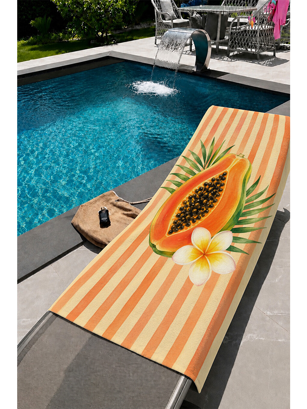 Turuncu Papaya Ve Tropik Çiçek Desenli 70x150 Plaj Havlusu-5