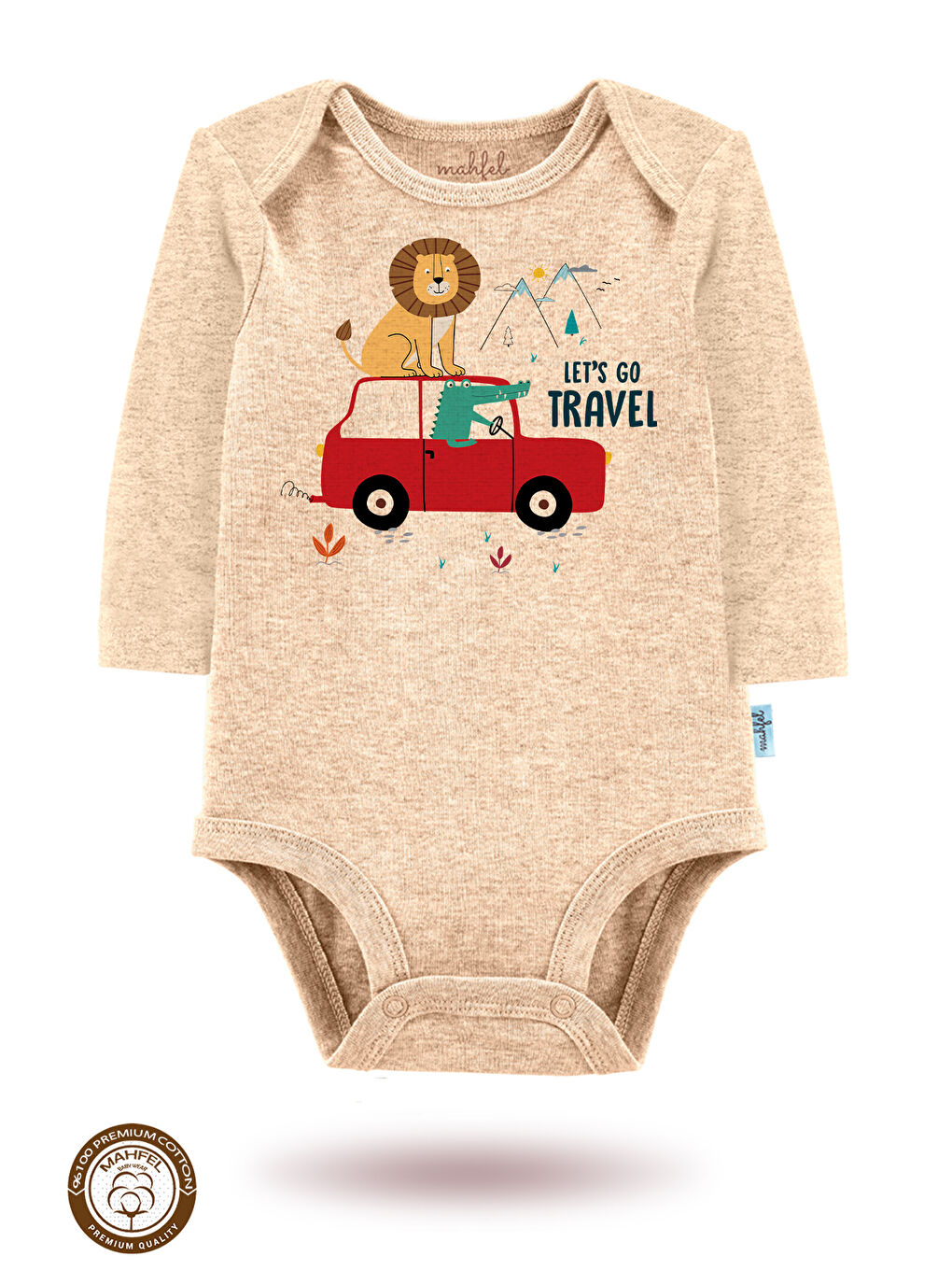 Bej 3 lü  100 Pamuklu Organik Baskılı Çıtçıtlı Bebek Body Zıbın-1