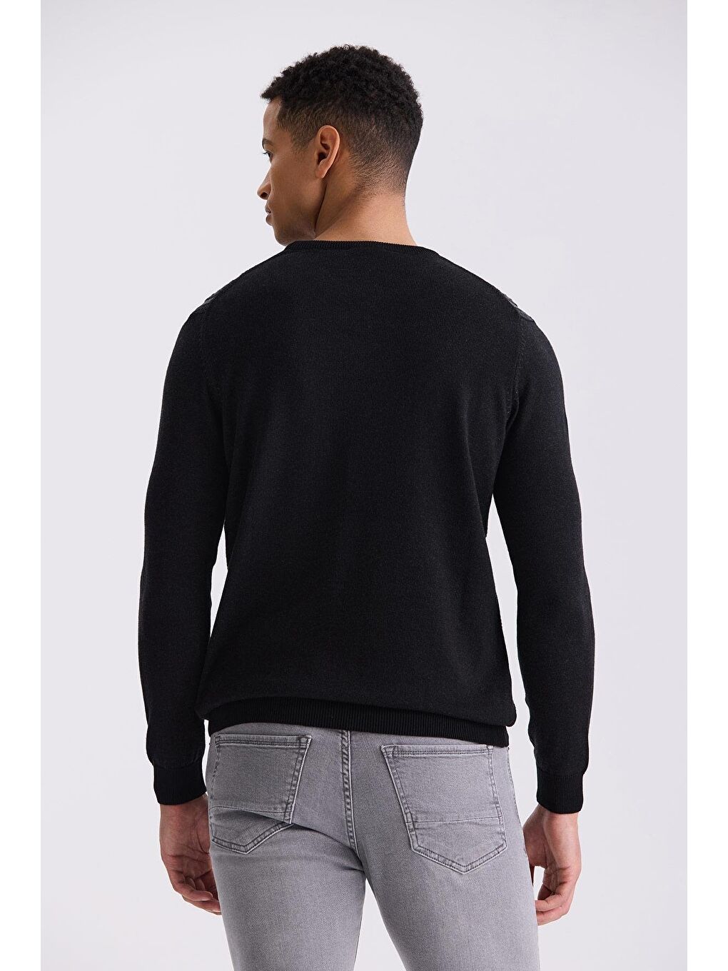 Siyah / Antrasit Slim Fit Bisiklet Yaka Çizgi Desenli Triko Kazak-3