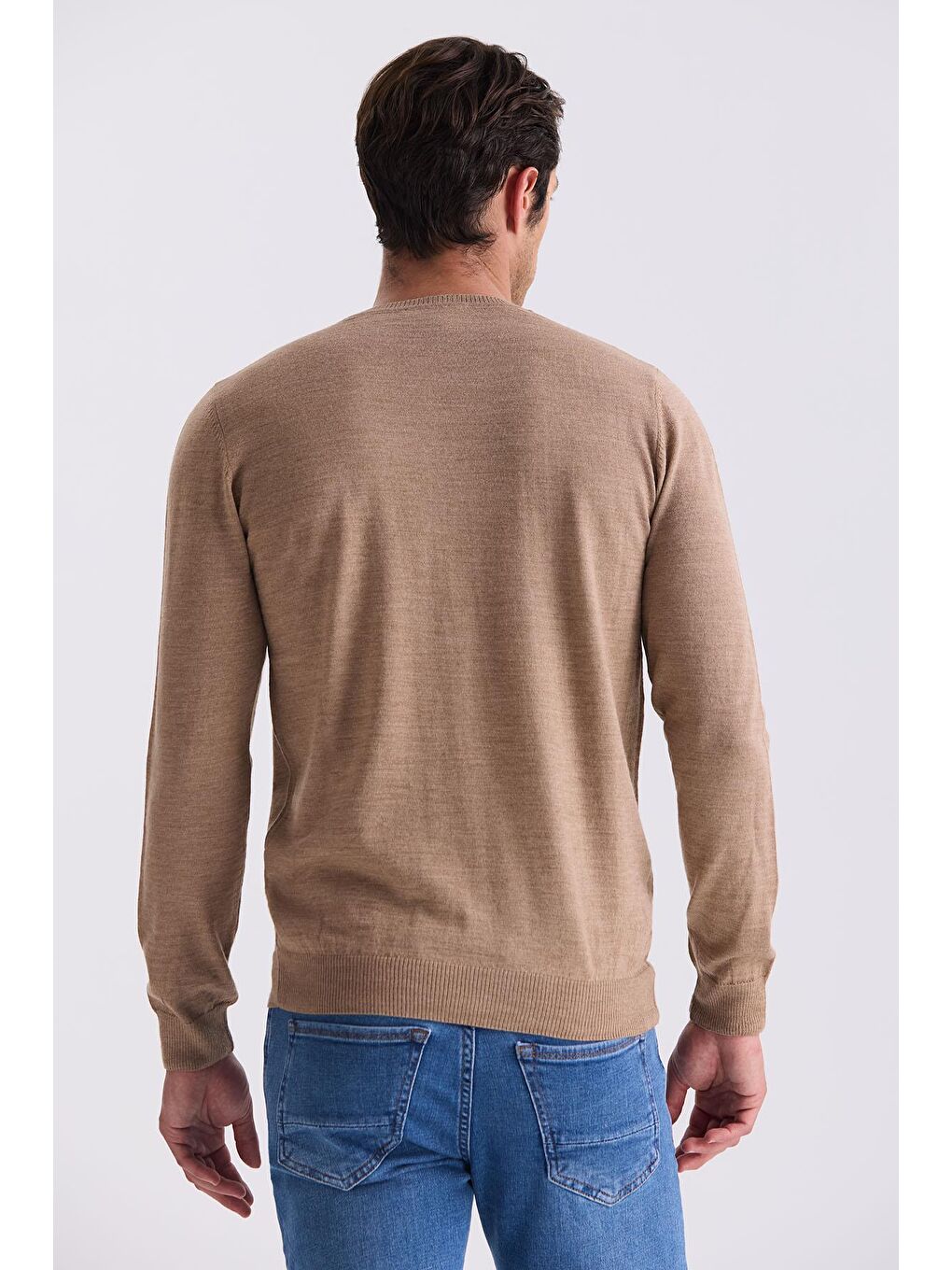 Kahverengi Camel Regular Fit Bisiklet Yaka Triko Kazak-3