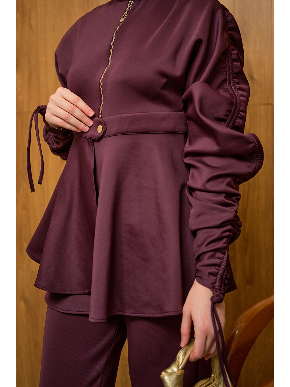 Kadın Kol Tünelli Beli Kemerli Takım Mürdüm-4