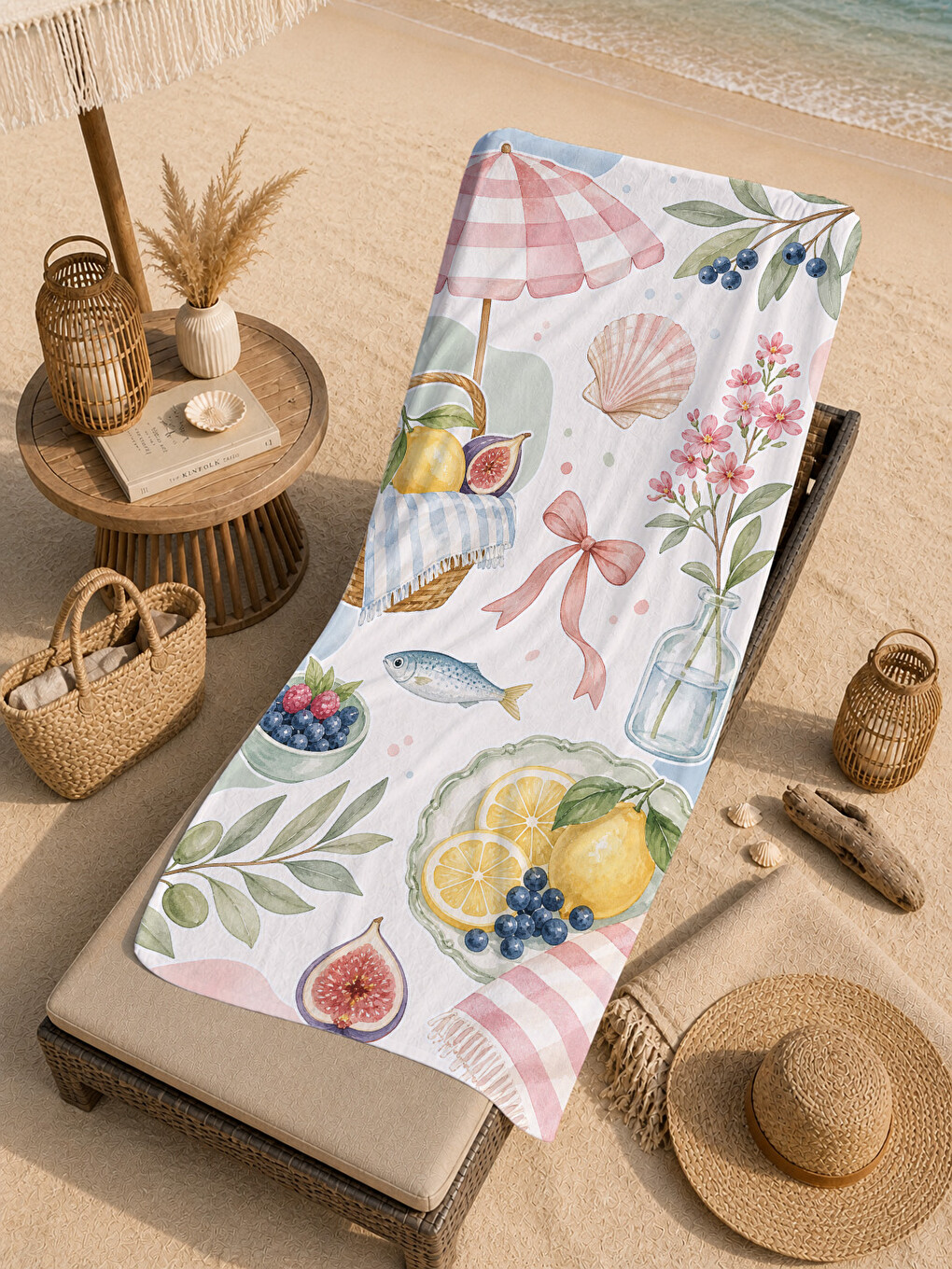 Sarı Limon Deniz Kabukları Ve Çiçek Desenli 70x150 Plaj Havlusu-2