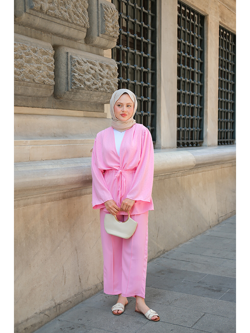 Kadın Ön Bağlamalı Taş Detay İkili Takım Pembe-1