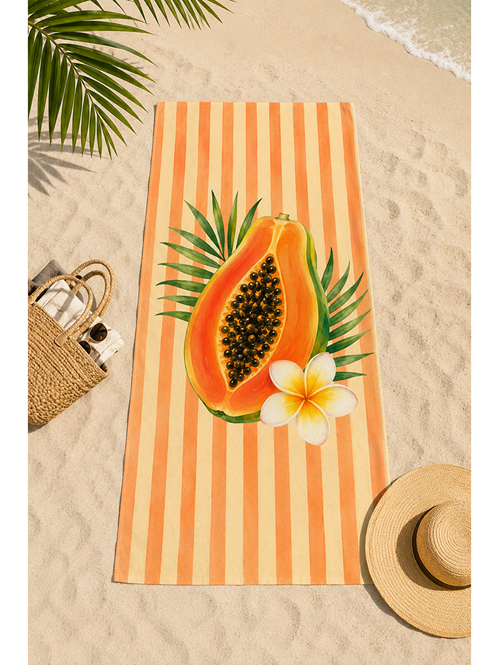 Turuncu Papaya Ve Tropik Çiçek Desenli 70x150 Plaj Havlusu-6