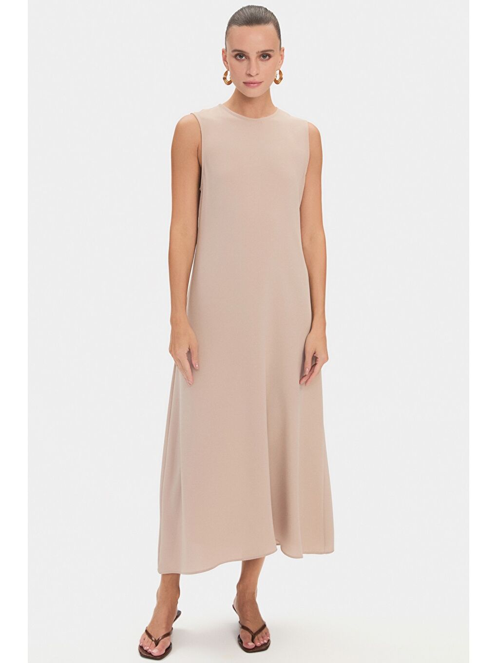 Kahverengi Kadın Bisiklet Yaka Renk Bloklu Belden Bağlama Detaylı Abaya-4