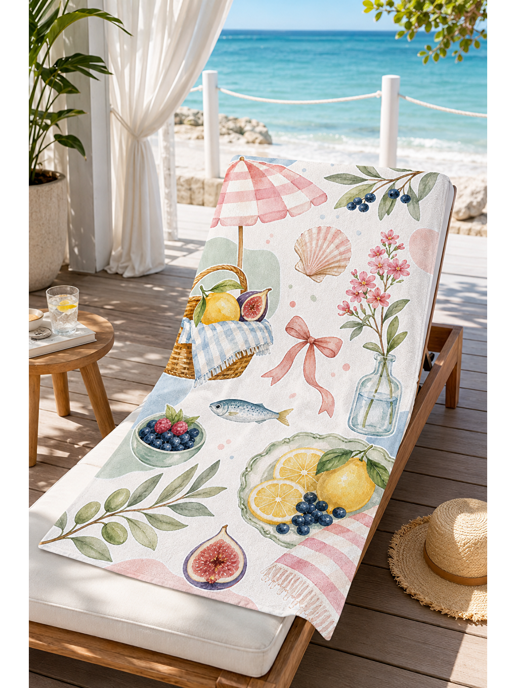 Sarı Limon Deniz Kabukları Ve Çiçek Desenli 70x150 Plaj Havlusu-3