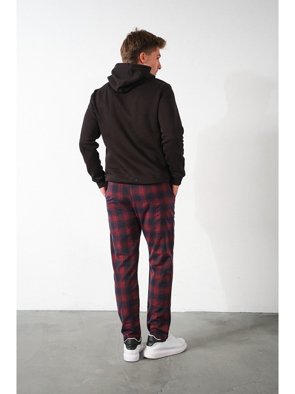 Bordo Ekoseli Flanel Pijama Altı Rahat Kesim Dar Paça Pamuklu-1
