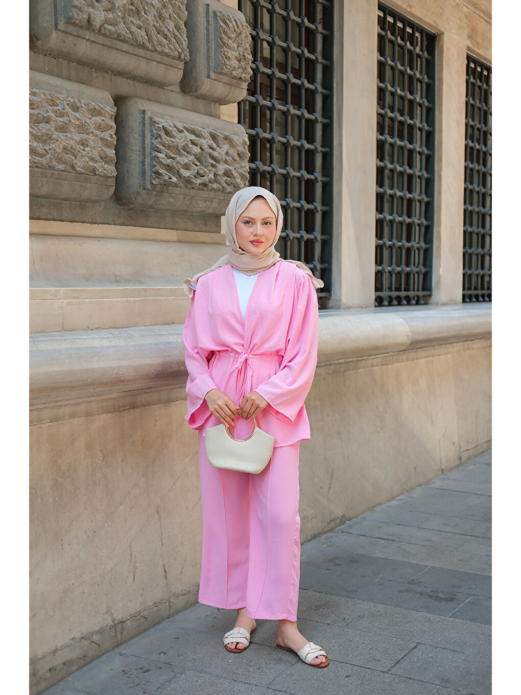 Kadın Ön Bağlamalı Taş Detay İkili Takım Pembe-2