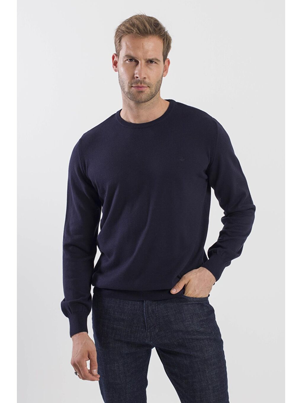 Lacivert Slim Fit Bisiklet Yaka Triko Kazak-1