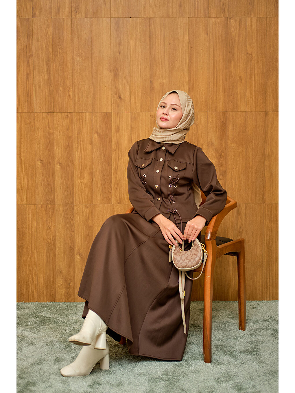 Kadın Menra Kuşgözü Detaylı Takım Kahverengi-2