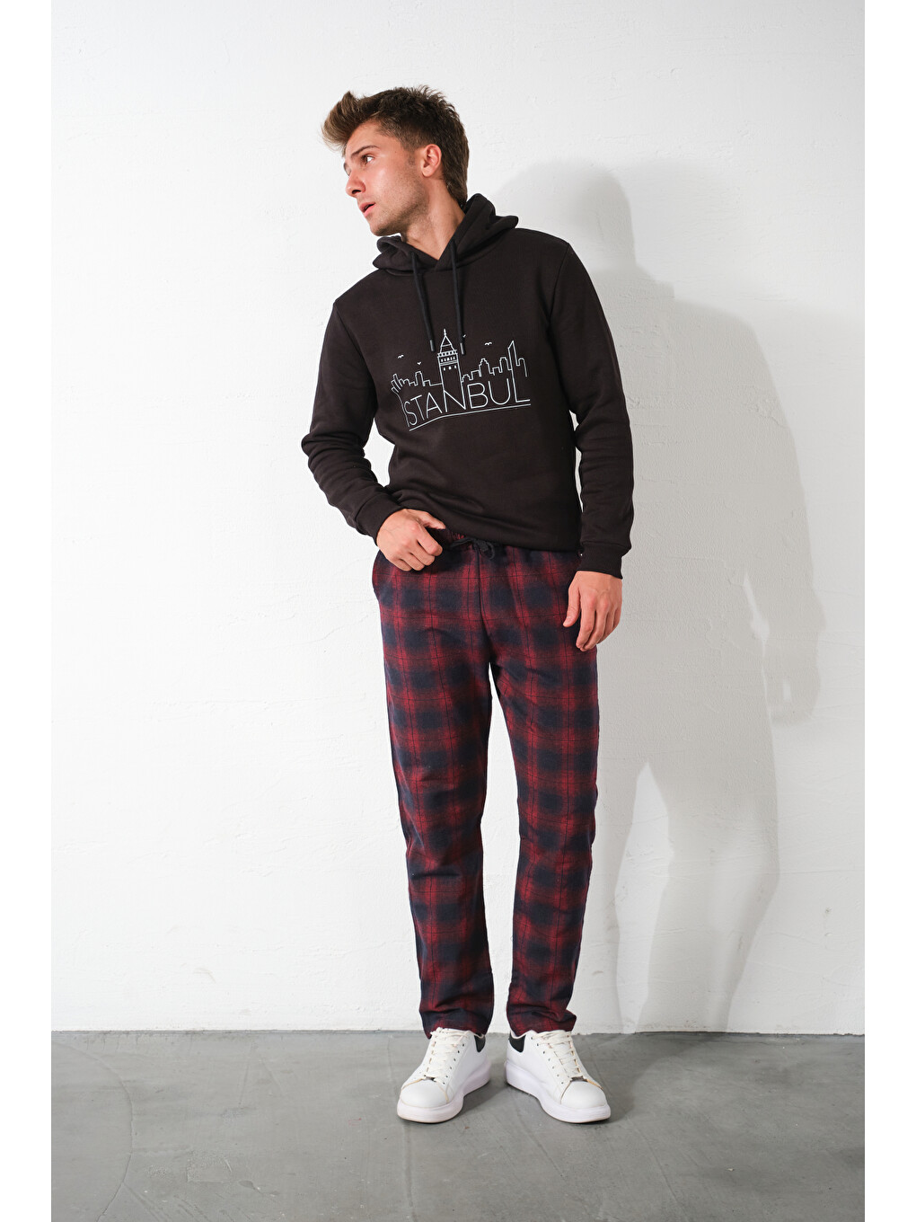 Bordo Ekoseli Flanel Pijama Altı Rahat Kesim Dar Paça Pamuklu-3