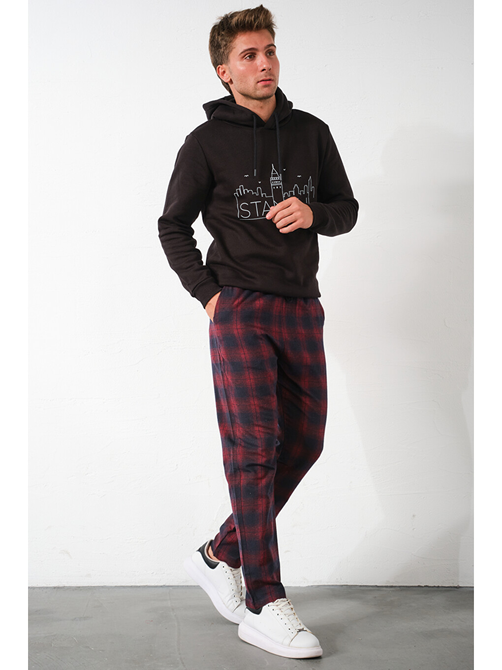 Bordo Ekoseli Flanel Pijama Altı Rahat Kesim Dar Paça Pamuklu-4