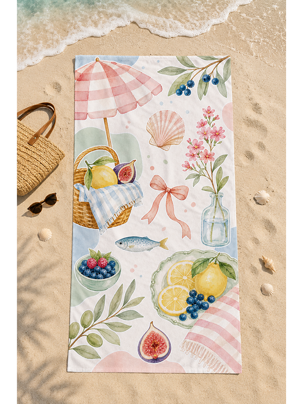 Sarı Limon Deniz Kabukları Ve Çiçek Desenli 70x150 Plaj Havlusu-4