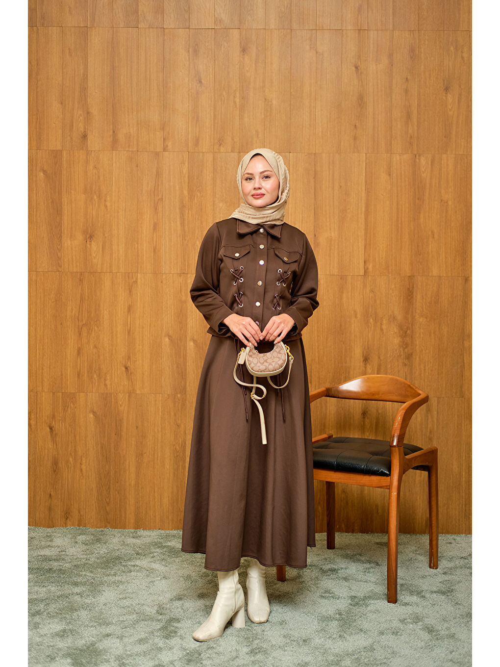 Kadın Menra Kuşgözü Detaylı Takım Kahverengi-3