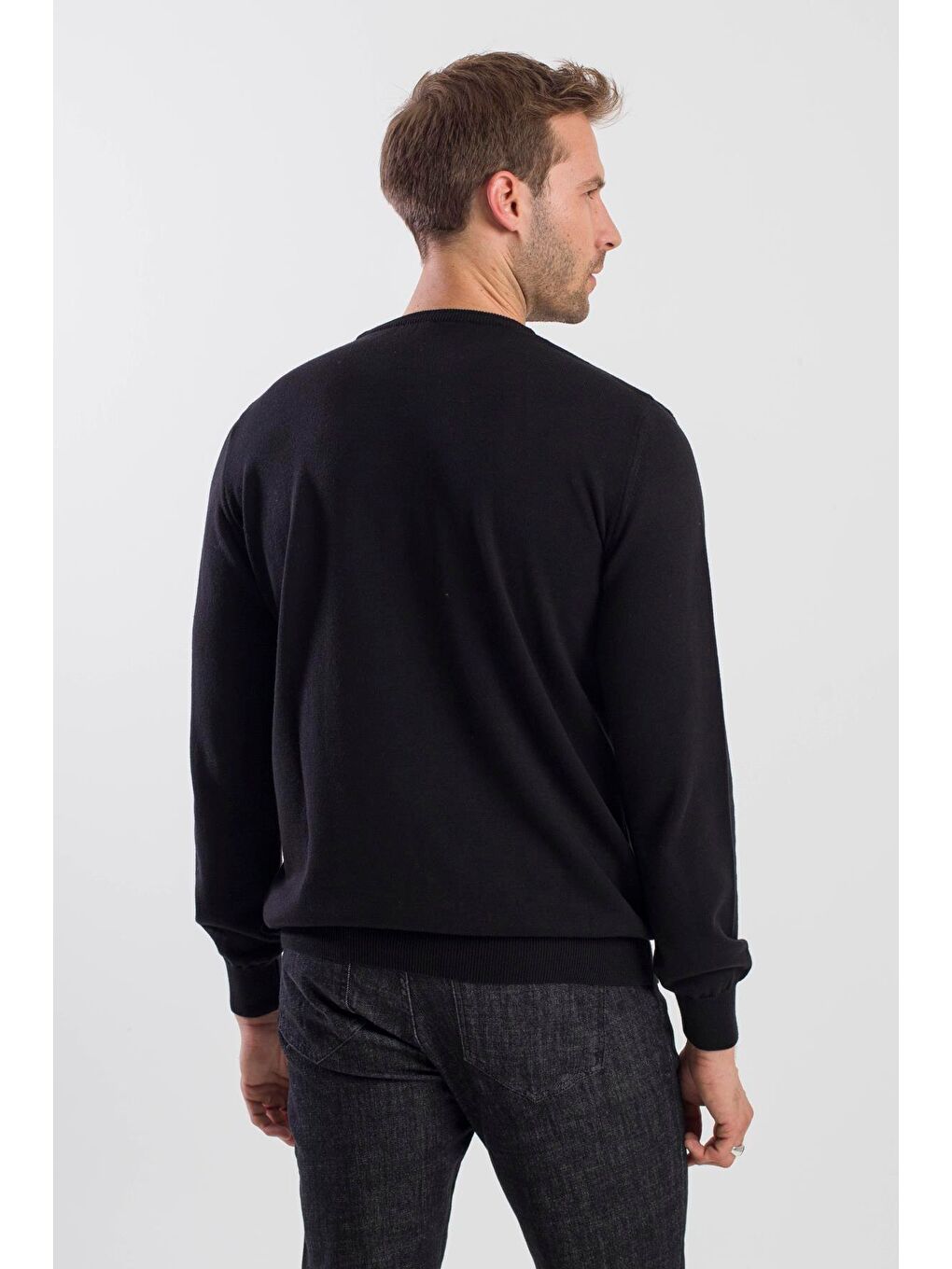 Siyah Slim Fit Bisiklet Yaka Triko Kazak-3