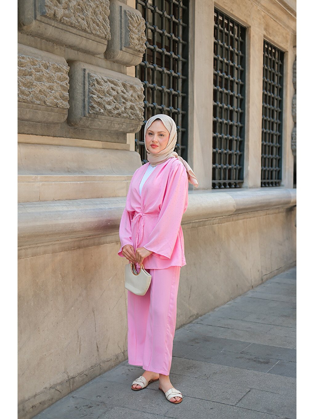 Kadın Ön Bağlamalı Taş Detay İkili Takım Pembe-4