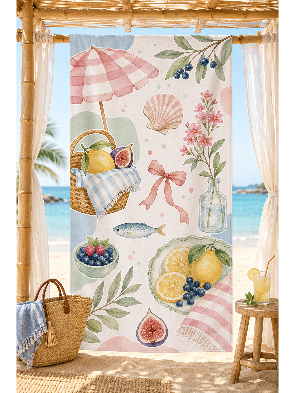 Sarı Limon Deniz Kabukları Ve Çiçek Desenli 70x150 Plaj Havlusu-5