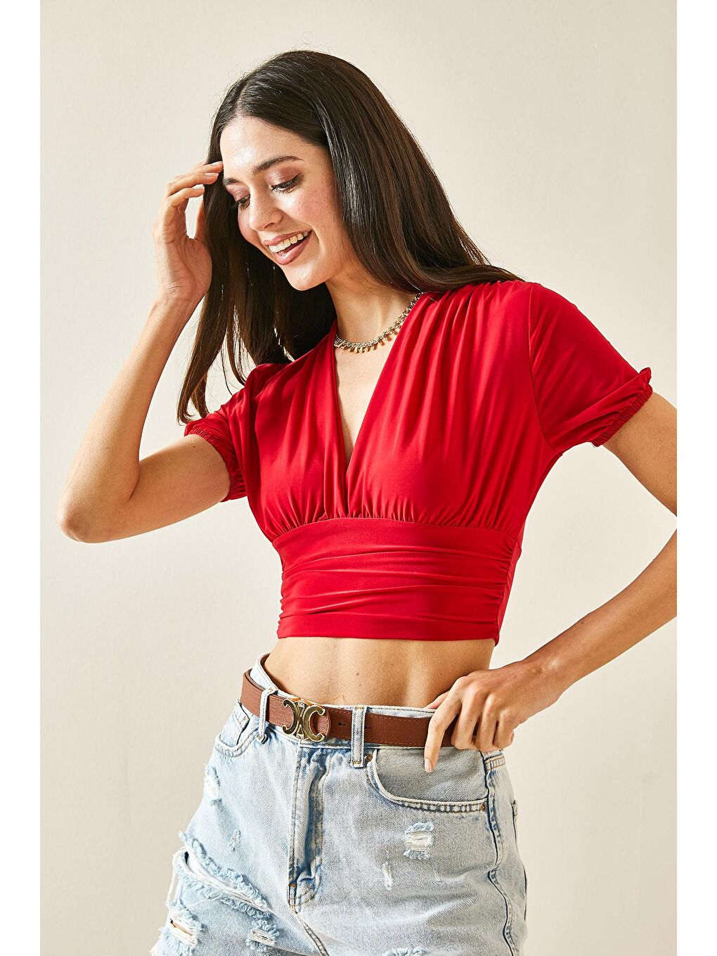 Kırmızı Kruvaze Yaka Dökümlü Crop Bluz 5YXK2-48472-04-4