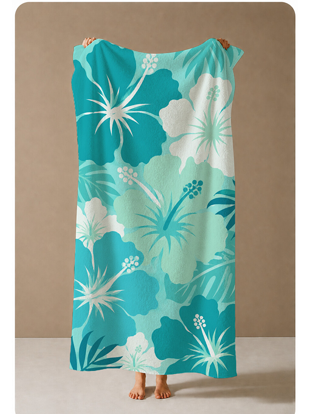 Turkuaz Hibiskus Çiçek Desenli 70x150 Plaj Havlusu-1