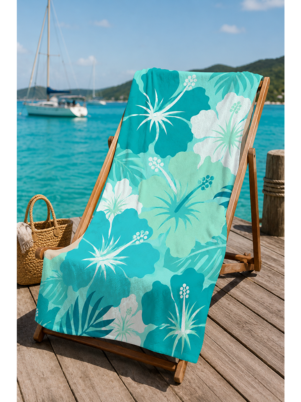Turkuaz Hibiskus Çiçek Desenli 70x150 Plaj Havlusu-2