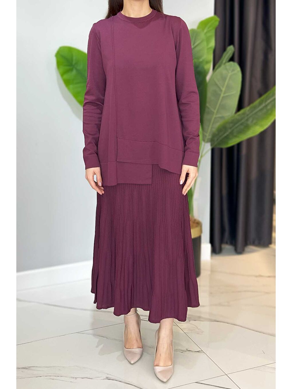 Merserize Tunik Detaylı Triko Etekli Takım 703 Mürdüm