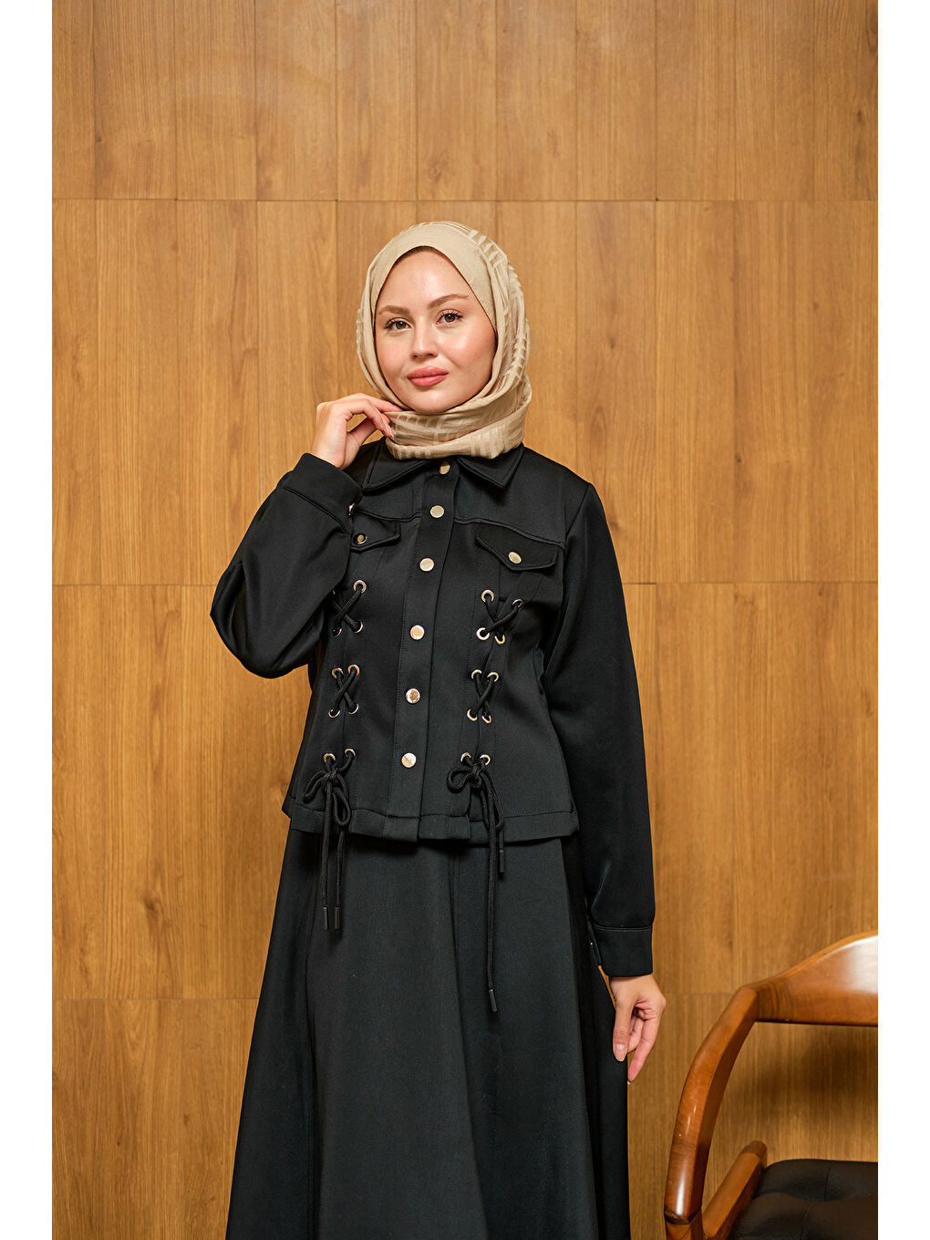 Kadın Menra Kuşgözü Detaylı Takım Siyah-1