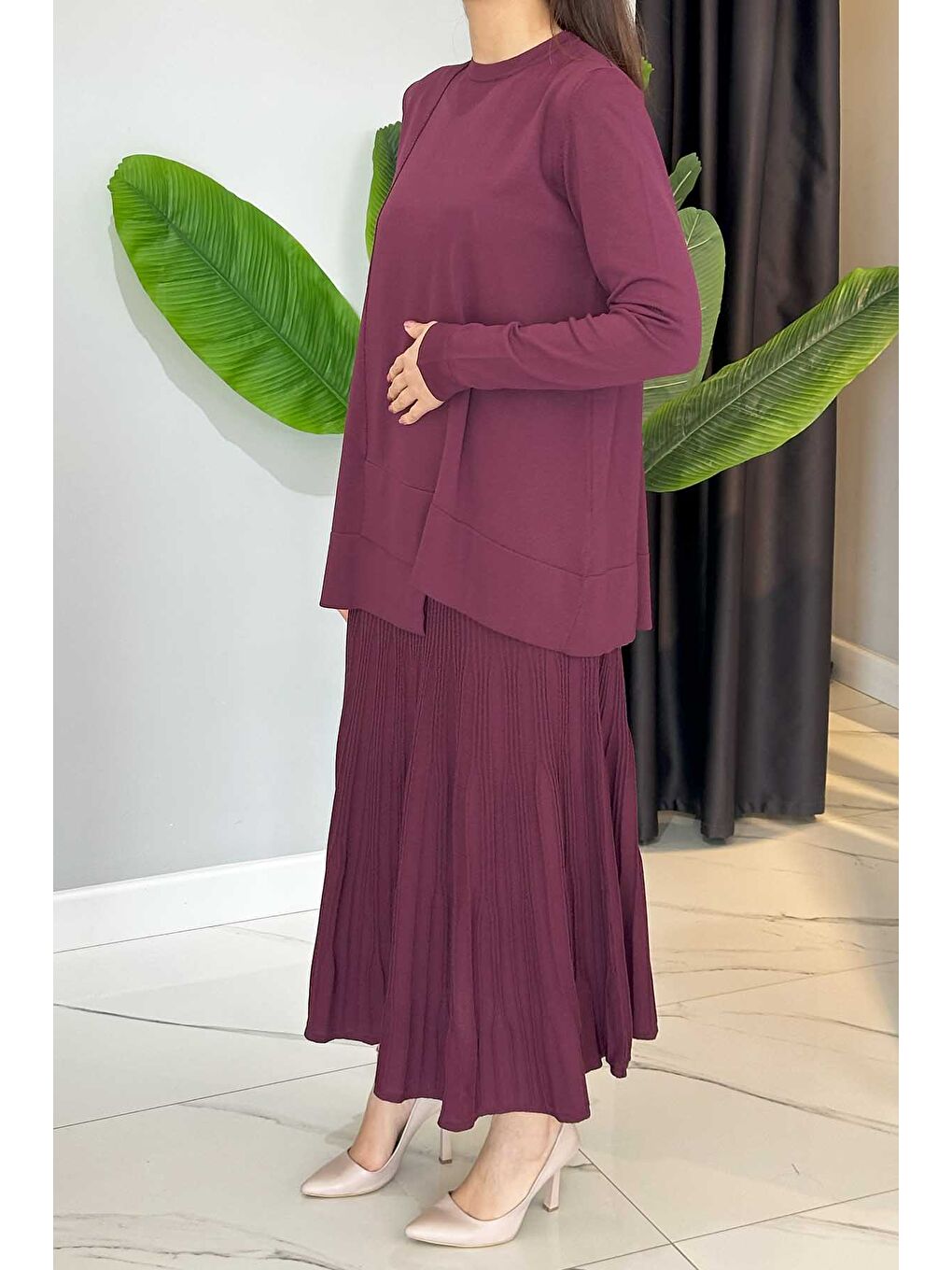 Merserize Tunik Detaylı Triko Etekli Takım 703 Mürdüm-1