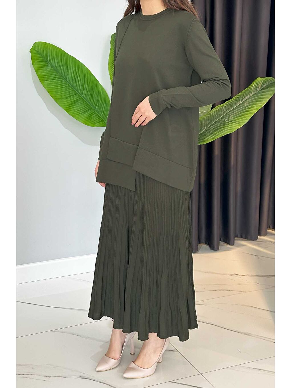 Merserize Tunik Detaylı Triko Etekli Takım 703 Acı Yeşil-1