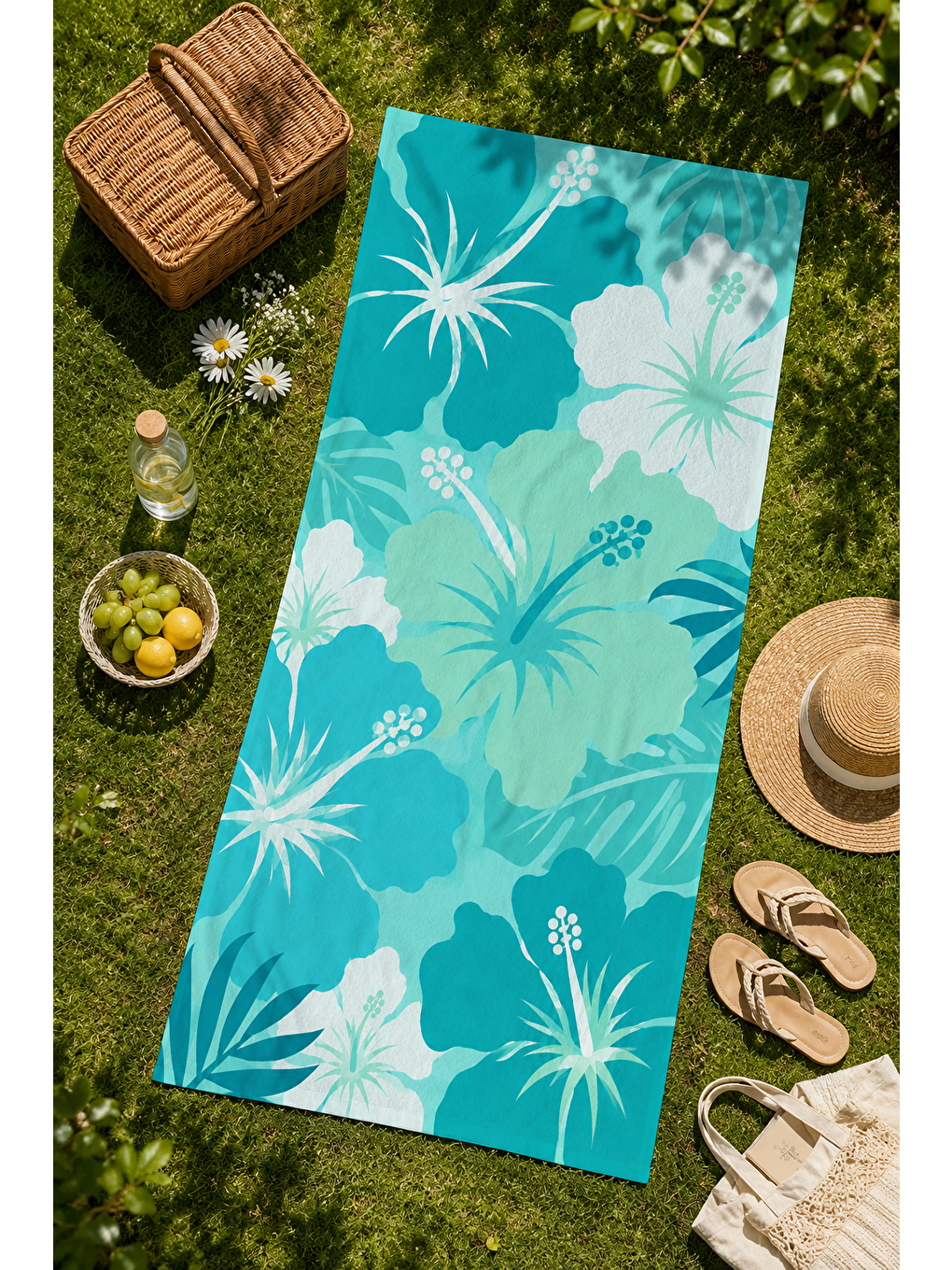 Turkuaz Hibiskus Çiçek Desenli 70x150 Plaj Havlusu-3
