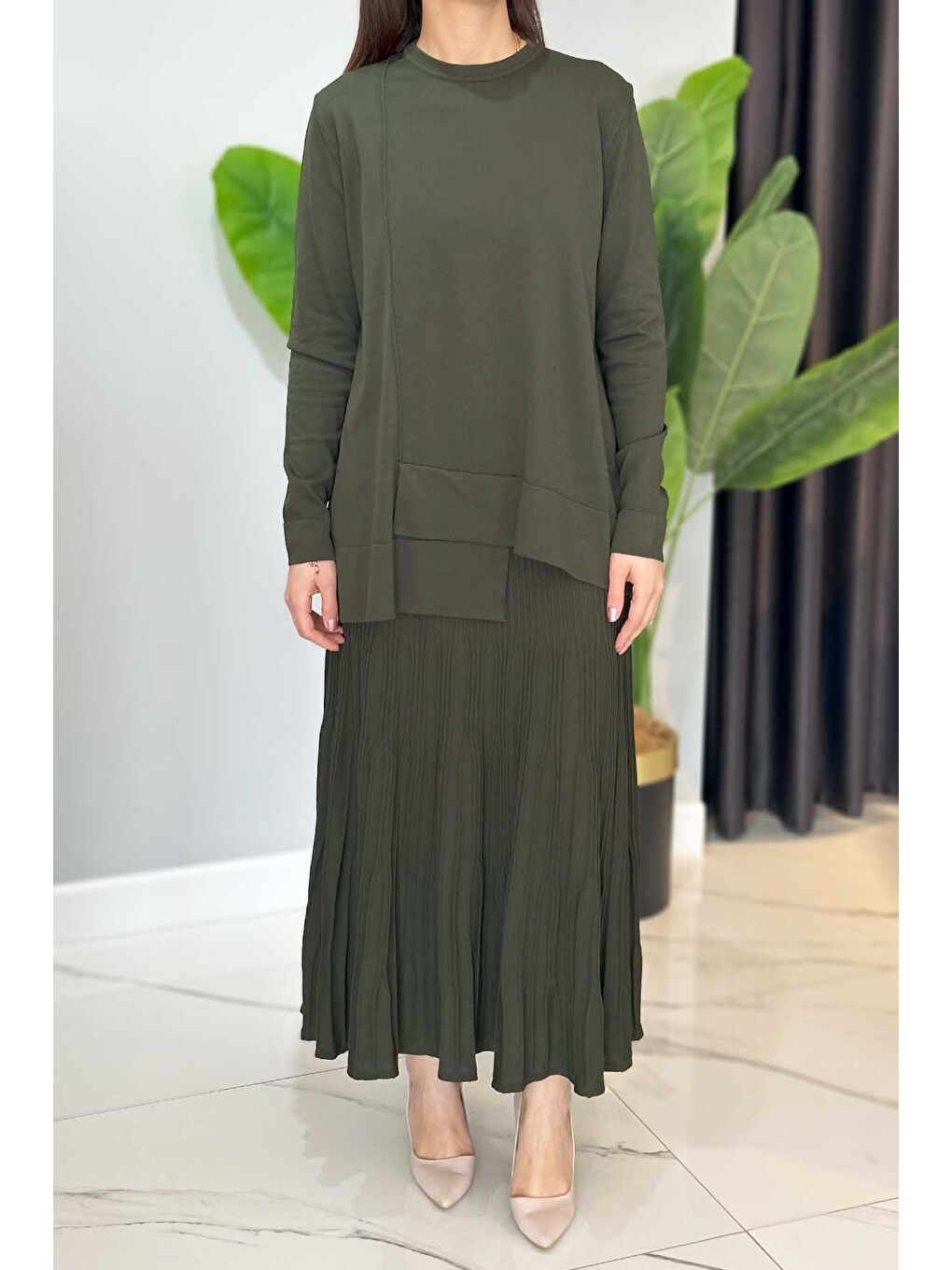 Merserize Tunik Detaylı Triko Etekli Takım 703 Acı Yeşil-2
