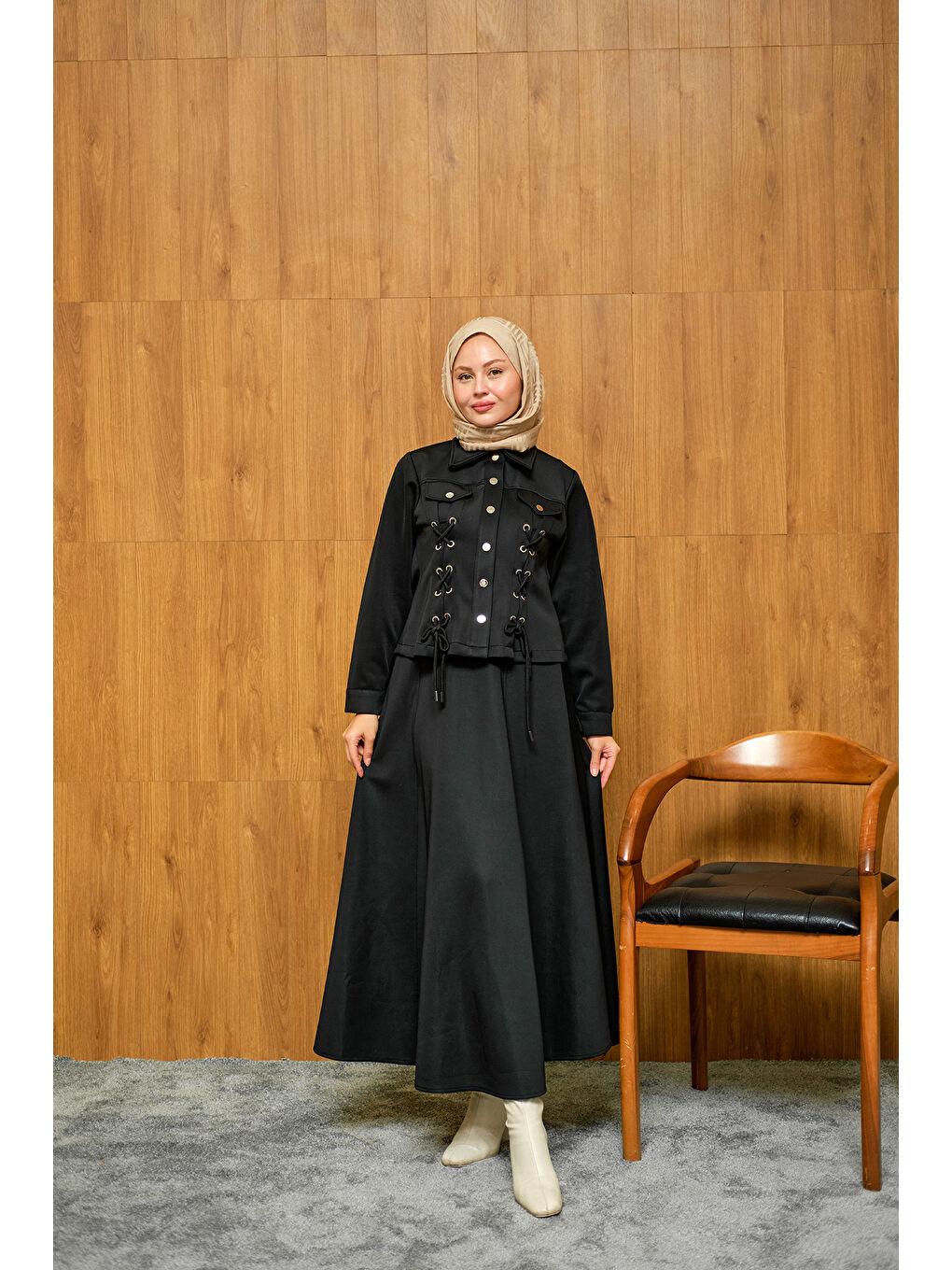 Kadın Menra Kuşgözü Detaylı Takım Siyah-2