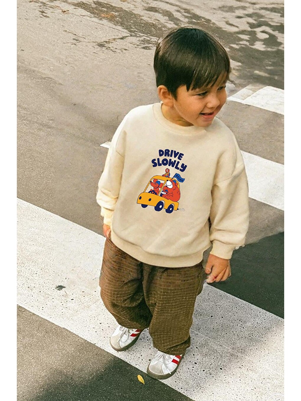 Bej Erkek Çocuk Baskılı 3 İplik Kumaş Pamuklu Sweatshirt