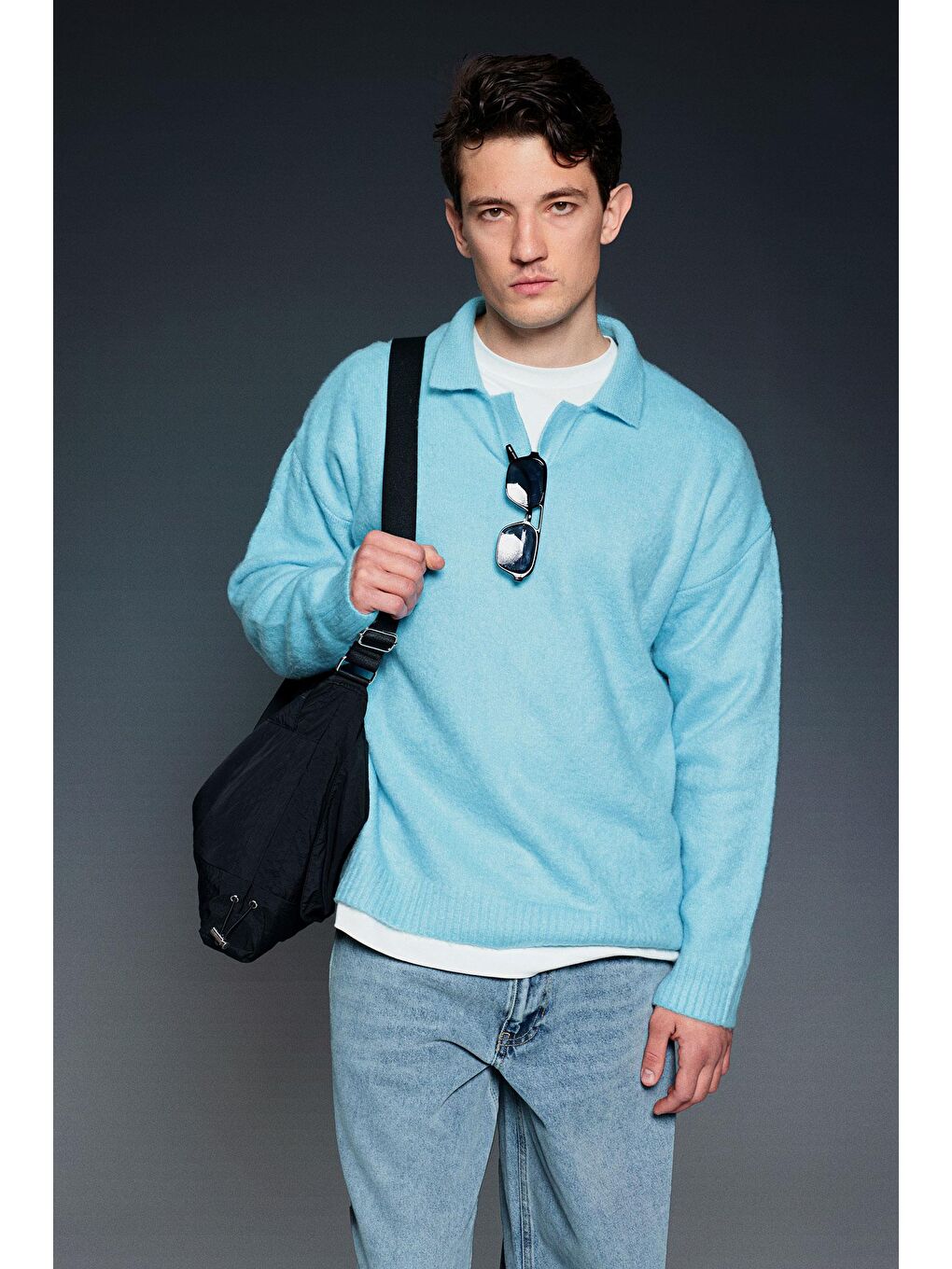 Erkek Polo Yaka Yumuşak Dokulu Oversize Kazak Bebek Mavi